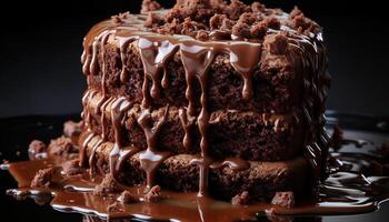 AI generated A decadent slice of homemade chocolate cake with fudge icing generated by AI photo