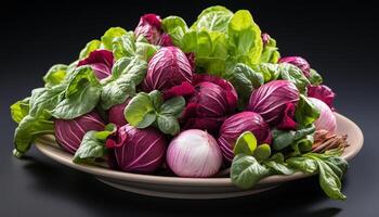 AI generated Fresh, healthy salad organic vegetables, vibrant colors, delicious meal generated by AI photo