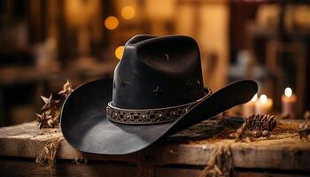 AI generated Rustic cowboy fashion old fashioned leather hat, outdoors, wood background generated by AI photo