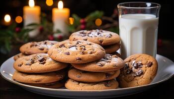 AI generated Homemade chocolate chip cookies on rustic wooden table, indulgence awaits generated by AI photo