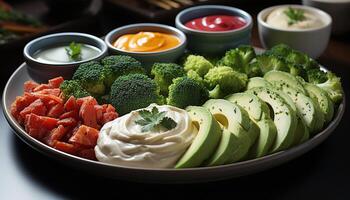 ai generado frescura y sano comiendo en un plato de gastrónomo vegetales generado por ai foto