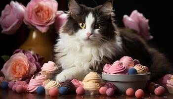 ai generado linda gatito sentado en mesa, comiendo chocolate Galleta desde cuenco generado por ai foto