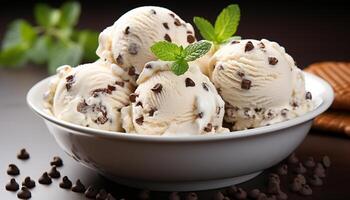 AI generated A bowl of frozen indulgence mint ice cream with chocolate generated by AI photo