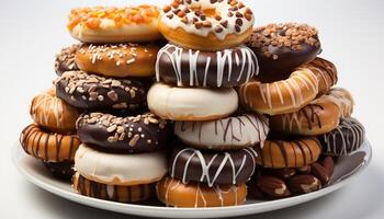 AI generated Gourmet donut stack, tempting indulgence on white background generated by AI photo