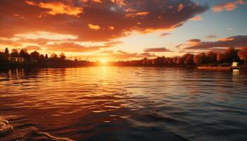 AI generated Sunset over water, tranquil scene, reflecting the beauty of nature generated by AI photo