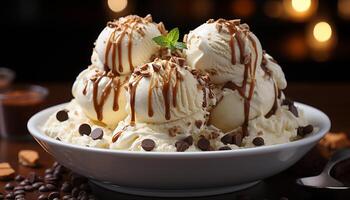 AI generated Indulgent dessert chocolate ice cream, whipped cream, fresh fruit generated by AI photo