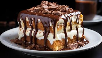 AI generated Indulgent dessert chocolate cake slice with whipped cream and fudge generated by AI photo