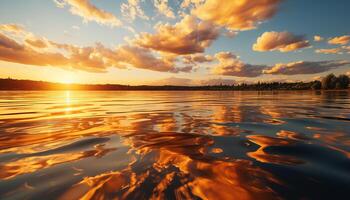 AI generated Sunset over water, nature reflection, tranquil scene, vibrant colors generated by AI photo