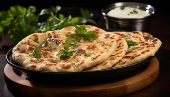 AI generated Fresh homemade vegetarian meal on wooden plate, cooked pita bread generated by AI photo