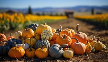 AI generated Autumn harvest pumpkin, gourd, and squash in a row generated by AI photo