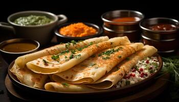 AI generated Freshness on plate meat, guacamole, taco, gourmet sauce, cilantro dip generated by AI photo