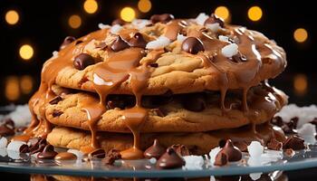 AI generated Homemade chocolate chip cookies on a wooden table, indulgent temptation generated by AI photo