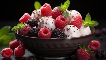 AI generated Freshness and indulgence in a bowl of homemade berry ice cream generated by AI photo