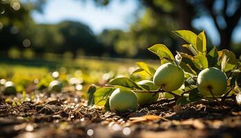 AI generated Fresh green leaves on a tree in a sunny orchard generated by AI photo