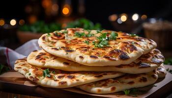 AI generated Freshly baked homemade bread on a rustic wooden table generated by AI photo