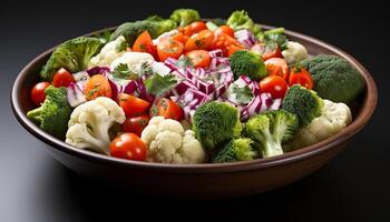 AI generated Fresh, healthy salad broccoli, cauliflower, tomato, carrot, bell pepper generated by AI photo