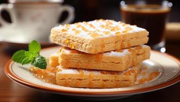 ai generado hecho en casa oblea pila, dulce caramelo jarabe, naturaleza indulgencia en madera generado por ai foto