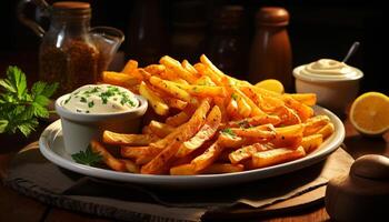 ai generado recién preparado gastrónomo comida profundo frito francés papas fritas con hecho en casa mayonesa generado por ai foto