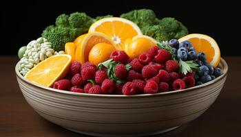 AI generated Fresh, healthy fruit salad raspberry, strawberry, blueberry, grape, orange generated by AI photo
