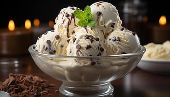 AI generated Homemade vanilla ice cream ball on wooden bowl, indulgent dessert generated by AI photo