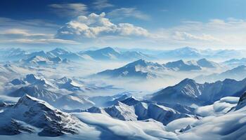 AI generated Mountain peak covered in snow, a tranquil winter landscape generated by AI photo