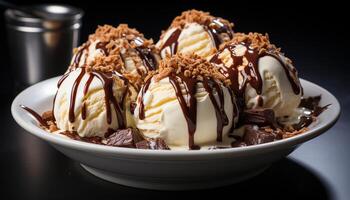 ai generado indulgente postre hecho en casa chocolate hielo crema con azotado crema generado por ai foto