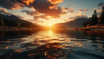 AI generated Tranquil scene sunset reflects on water, majestic mountain range generated by AI photo