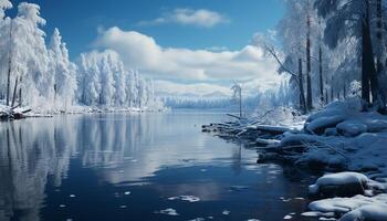 ai generado tranquilo invierno paisaje nieve cubierto montañas reflejar en congelado estanque generado por ai foto