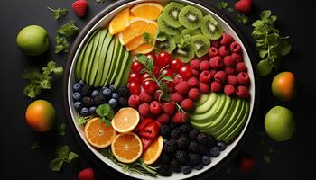 AI generated Freshness of summer fruits raspberry, strawberry, blueberry, grape, orange, lime, lemon, kiwi, apple generated by AI photo