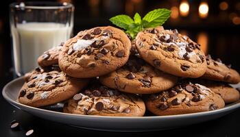 ai generado un hecho en casa chocolate chip Galleta apilar en un rústico mesa generado por ai foto