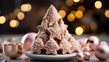 ai generado hecho en casa pan de jengibre galletas Decorar el Navidad árbol con dulce deleite generado por ai foto