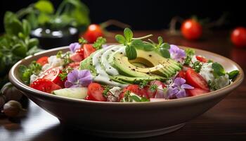 AI generated Fresh, healthy salad tomato, cucumber, mozzarella, onion, leaf, herb generated by AI photo