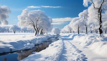 AI generated Winter landscape snow covered trees in a tranquil forest generated by AI photo