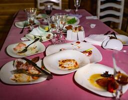 un lote de sucio platos con sobrante alimento. el concepto de el restaurante negocio. después cena foto