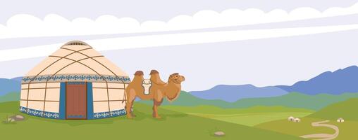 Mongolian landscape. A yurt against the background of mountains, a domestic camel next to the traditional dwelling of nomads. Green pastures, vector illustration for travel poster.