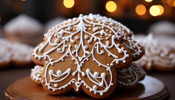 ai generado hecho en casa pan de jengibre galletas Decorar el mesa, un invierno tradicion generado por ai foto