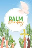 Celebration of Palm Sunday. Hands of people of different nationalities are raised with palm branches against the blue sky. The concept of the unity of the Christian faith. Vector postcard.