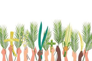 Palm Sunday celebration concept. Customs of different peoples of the world. Hands of people of different nationalities are raised with palm branches, sansevieria and a cross. Vector. Cartoon. vector