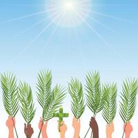 Palm Sunday greeting banner for the Christian holiday. Hands hold palm branches and leaf crosses. Congratulations on the first day of Holy Week and the symbol of the triumphal entry into Jerusalem. vector