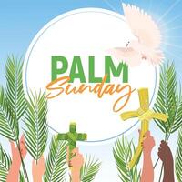 Palm Sunday welcome banner for the Christian holiday. People of different nationalities hold palm branches and leaf crosses. A white dove in the sky as the embodiment of the holy spirit. vector