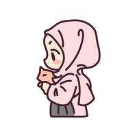 Cute a muslim girl and a cat cartoon illustration vector