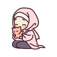 Cute a muslim girl and a cat cartoon illustration vector