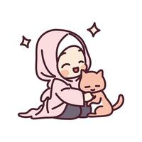 Cute a muslim girl and a cat cartoon illustration vector