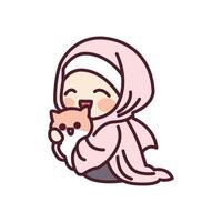 Cute a muslim girl and a cat cartoon illustration vector