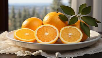 AI generated Fresh citrus fruits on wooden table, healthy and delicious generated by AI photo