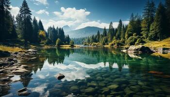 AI generated Tranquil scene of mountain peak reflected in serene mountain pond generated by AI photo