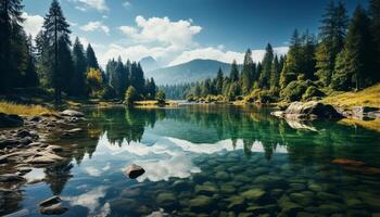 AI generated Tranquil scene of mountain peak reflected in serene mountain pond generated by AI photo