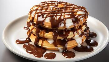 AI generated Homemade chocolate pancake stack, topped with whipped cream and syrup generated by AI photo
