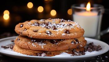 AI generated A stack of homemade chocolate chip cookies on a rustic table generated by AI photo