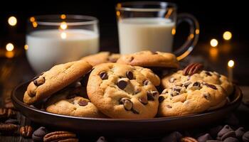 ai generado recién horneado hecho en casa chocolate chip galletas en un rústico de madera mesa generado por ai foto